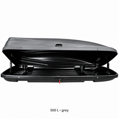 500 L roof box — grey — open — adapted product photograph