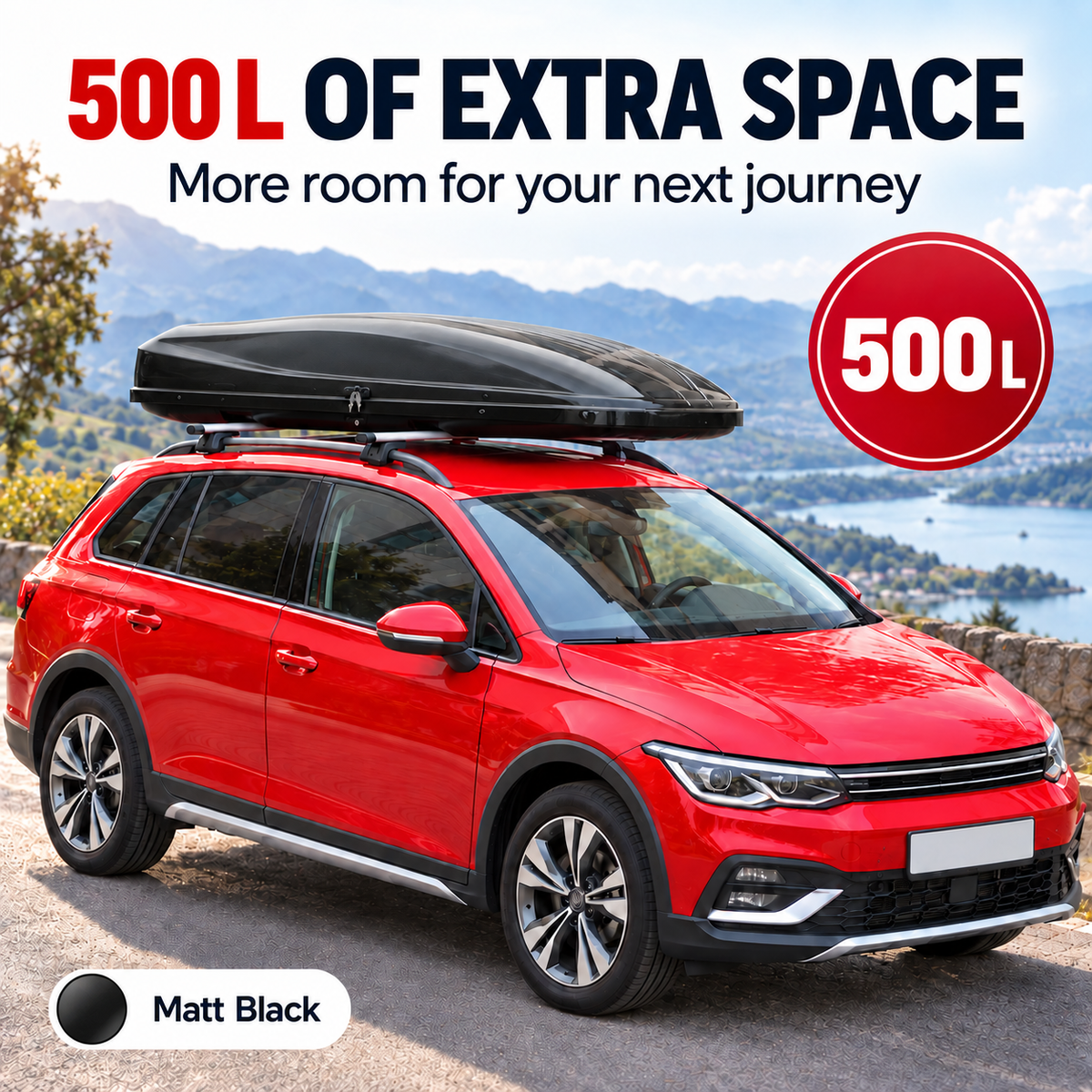 500 L roof box — matt black — capacity travel — adapted product photograph