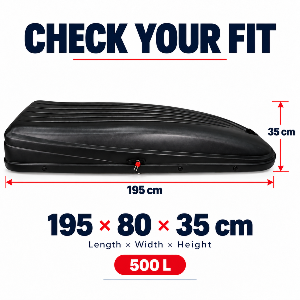 500 L roof box — matt black — dimensions — adapted product photograph