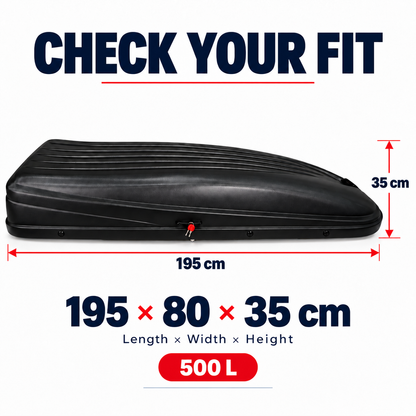 500 L roof box — matt black — dimensions — adapted product photograph