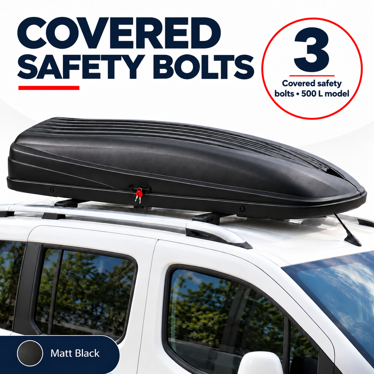 500 L roof box — matt black — mounting — adapted product photograph