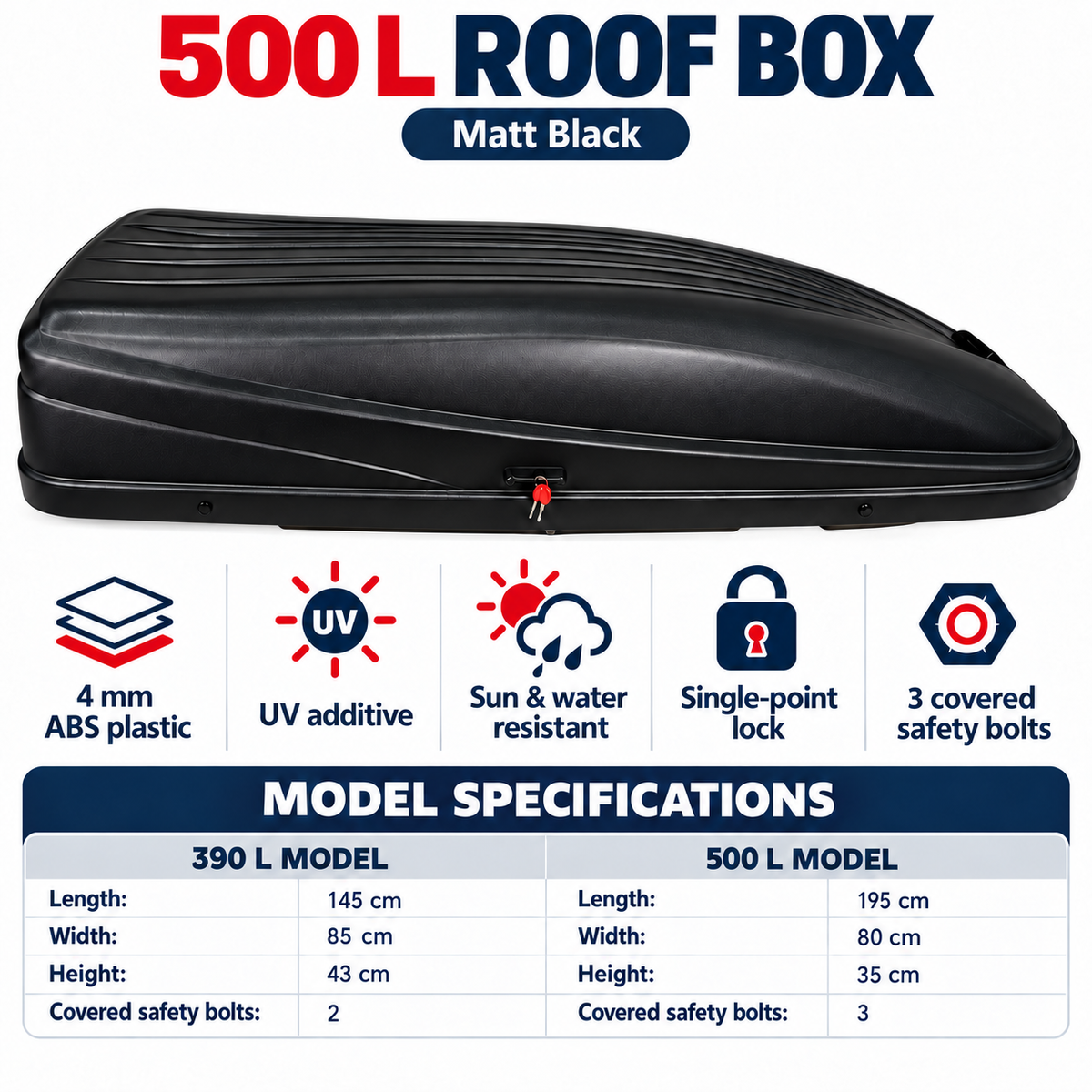 500 L roof box — matt black — model comparison — adapted product photograph