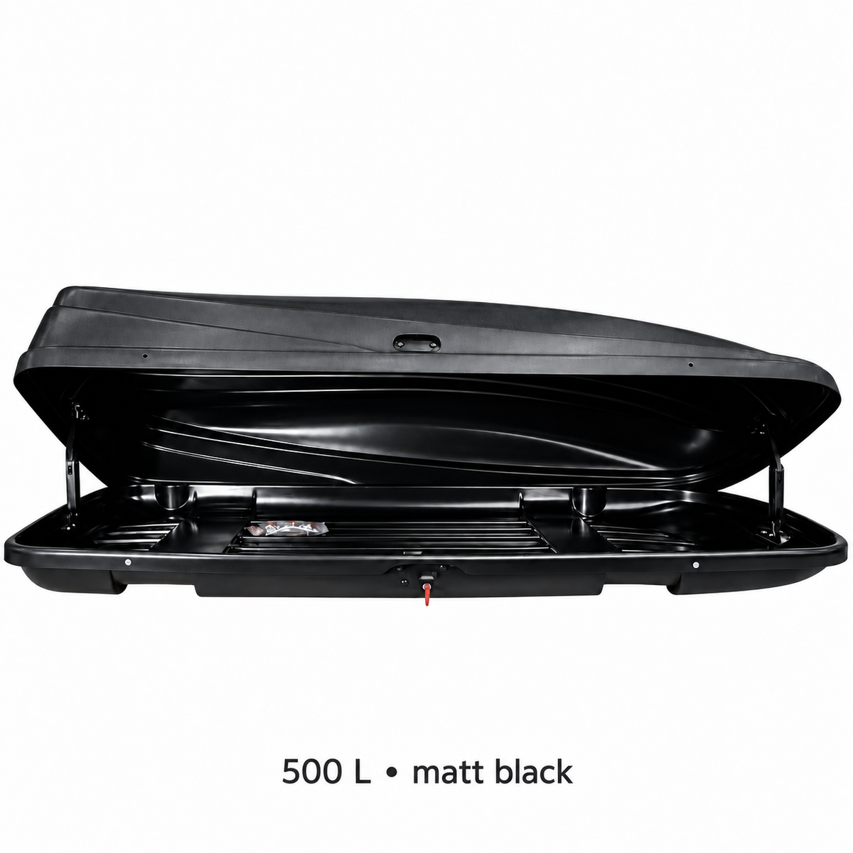 500 L roof box — matt black — open — adapted product photograph