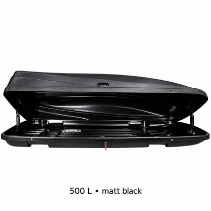 500 L roof box — matt black — open — adapted product photograph