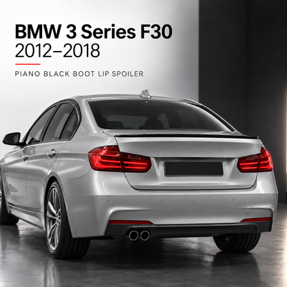 BMW 3 Series F30 piano black boot lip spoiler model installed