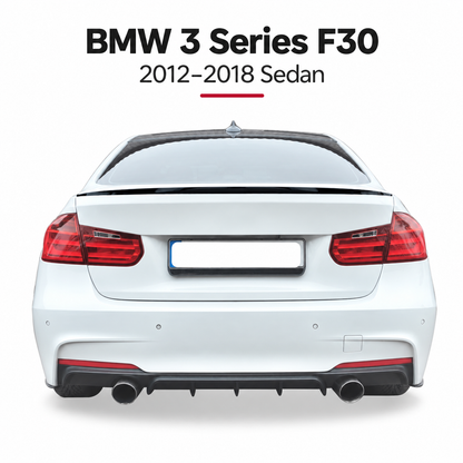 BMW 3 Series F30 piano black boot lip spoiler installed rear
