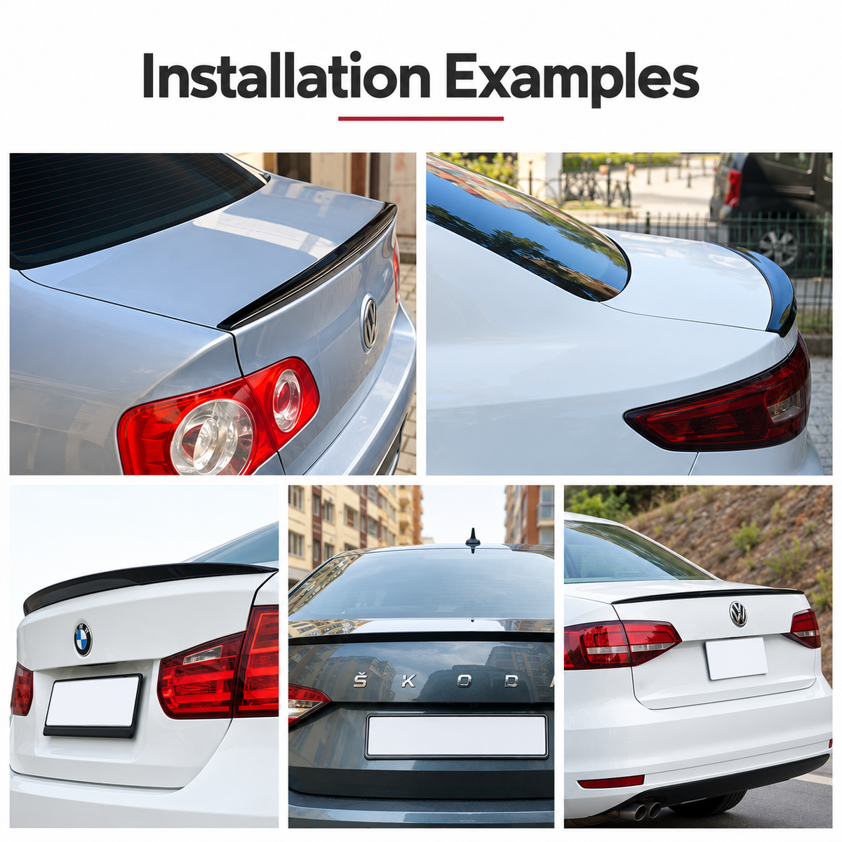 Boot lip spoiler installation examples on different vehicles