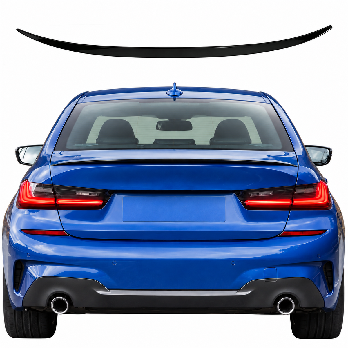 BMW 3 Series G20 piano black spoiler installed view