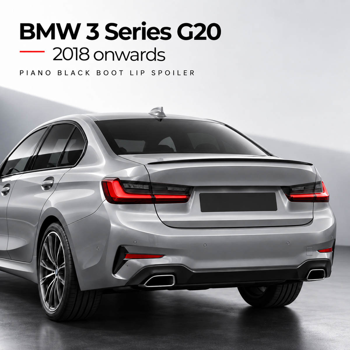BMW 3 Series G20 piano black spoiler installed view