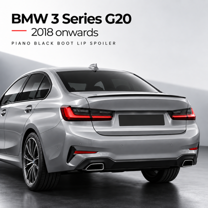 BMW 3 Series G20 piano black spoiler installed view