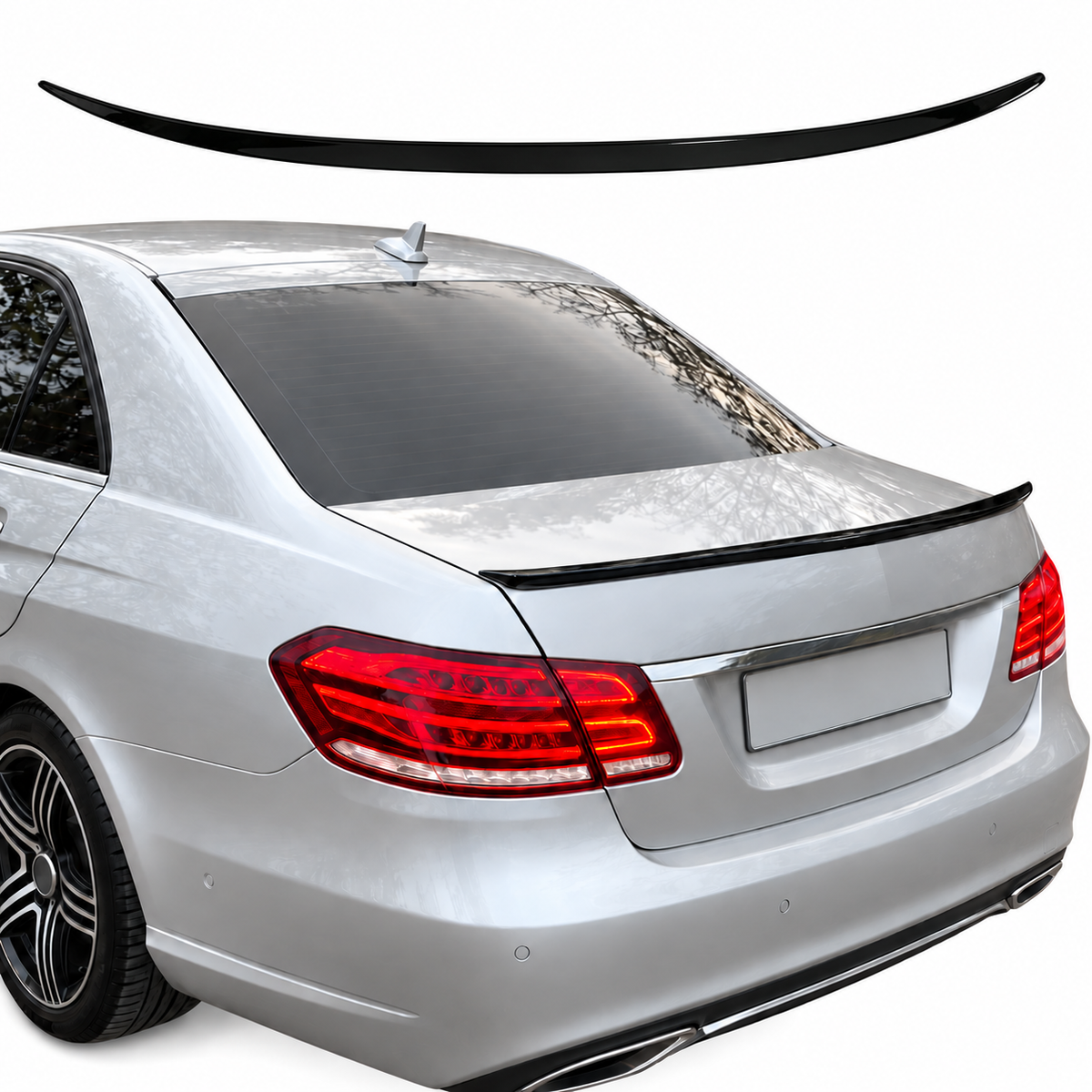 Mercedes-Benz E-Class W212 piano black spoiler installed view