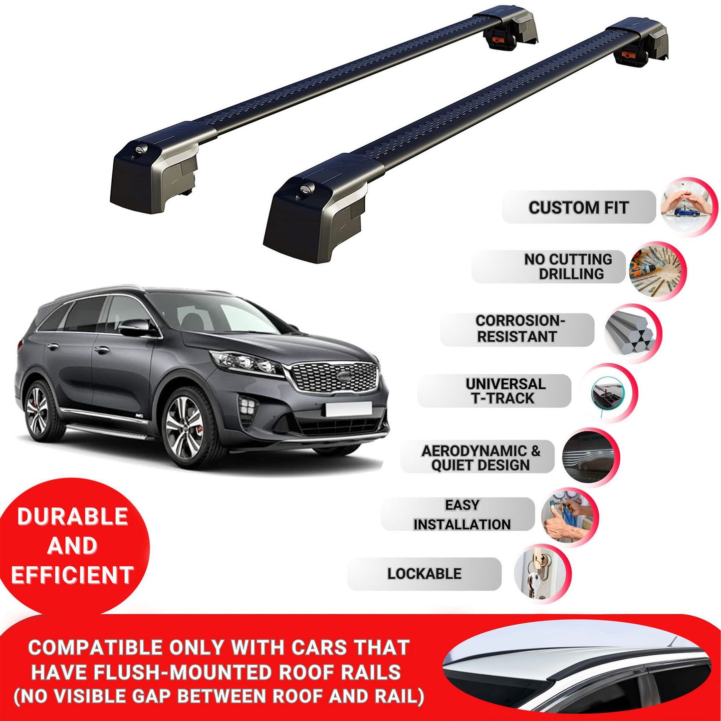 Roof Bars Rack for Kia Sorento Prime (UM) 2015-2020 Lockable Rail Carrier 2 Pcs Black