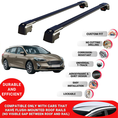 Roof Bars Rack for Ford Focus Estate (C519) 2019+ Lockable Rail Carrier 2 Pcs Black