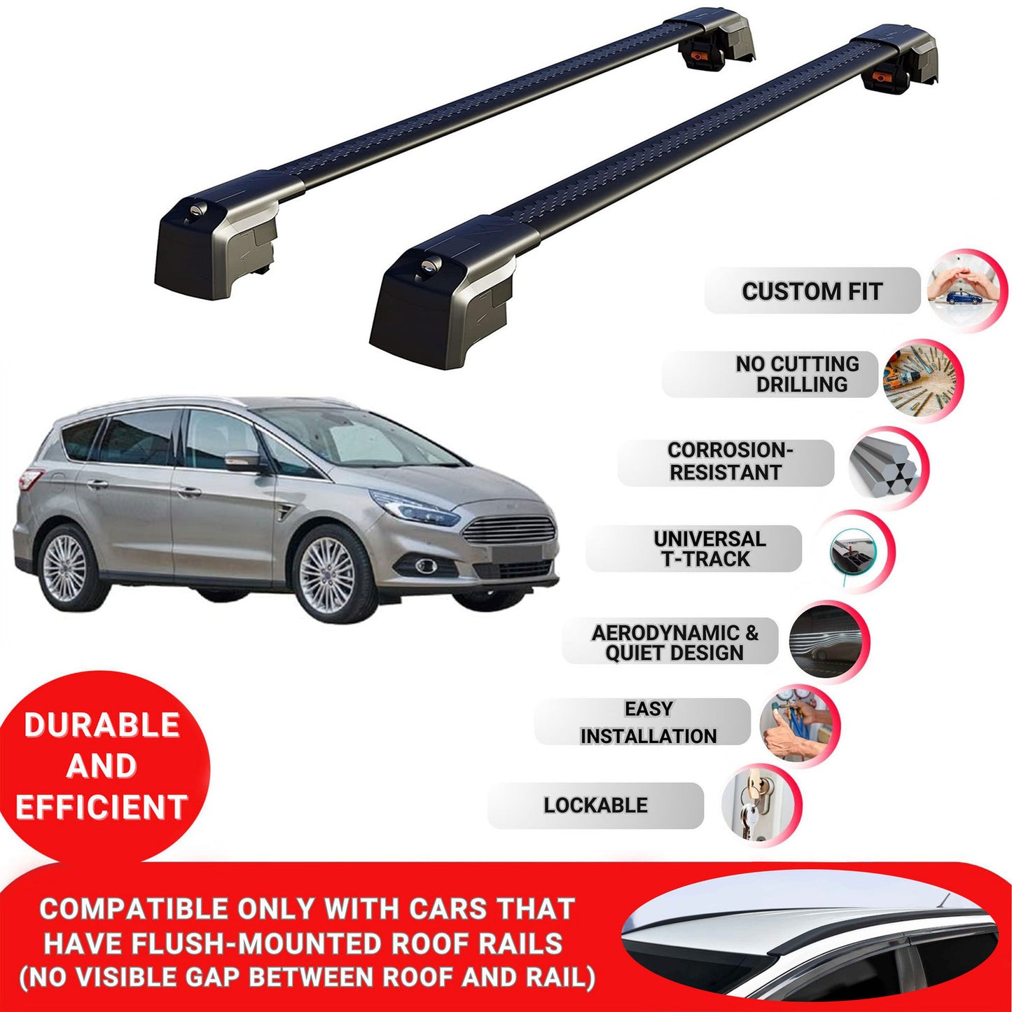 Roof Bars Rack for Ford S-Max 2015+ Lockable Rail Carrier 2 Pcs Black