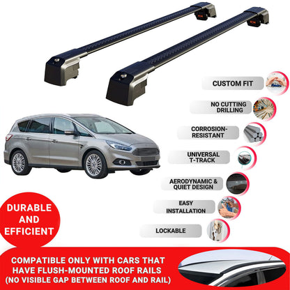 Roof Bars Rack for Ford S-Max 2015+ Lockable Rail Carrier 2 Pcs Black
