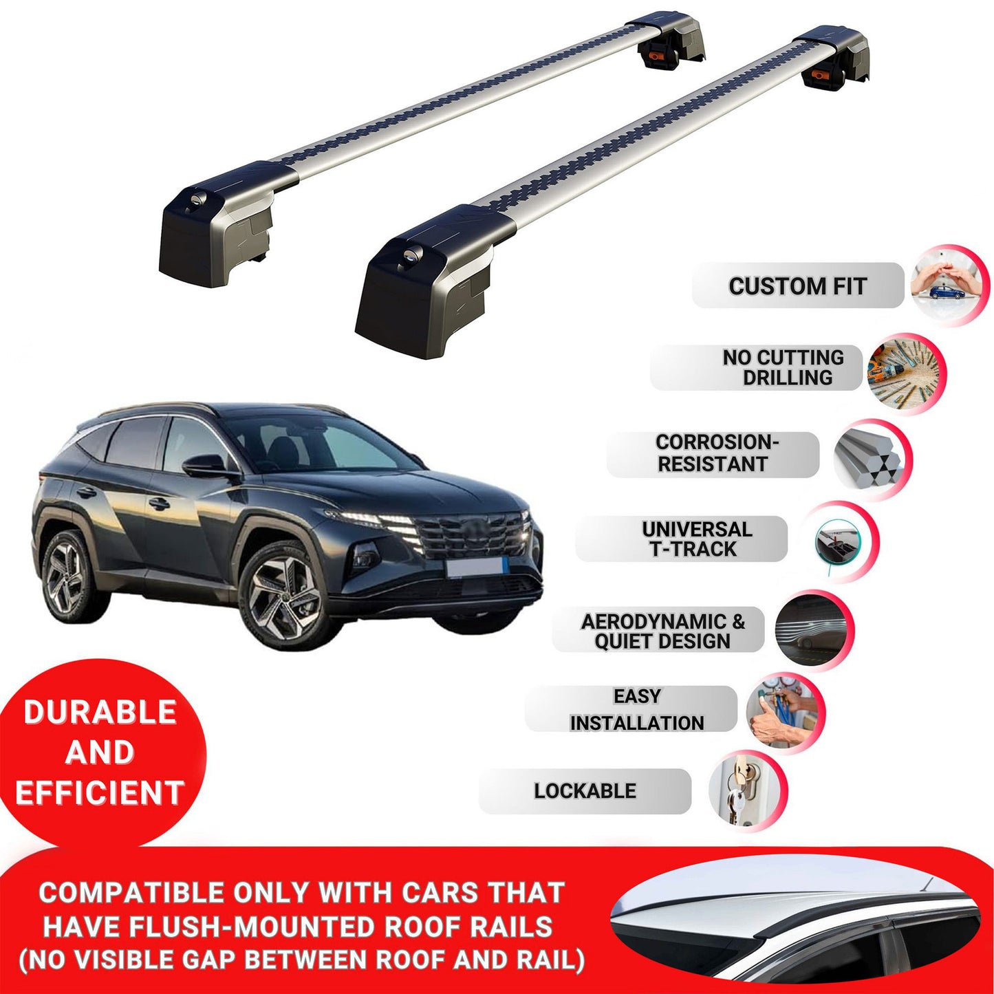 Roof Bars Rack for Hyundai Tucson (NX4) 2022+ Lockable Rail Carrier 2 Pcs Grey