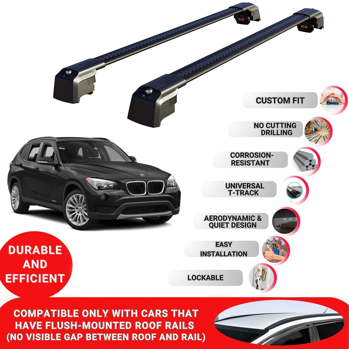Roof Bars Rack for Bmw X1 (E84) 2009-2015 Lockable Rail Carrier 2 Pcs Black