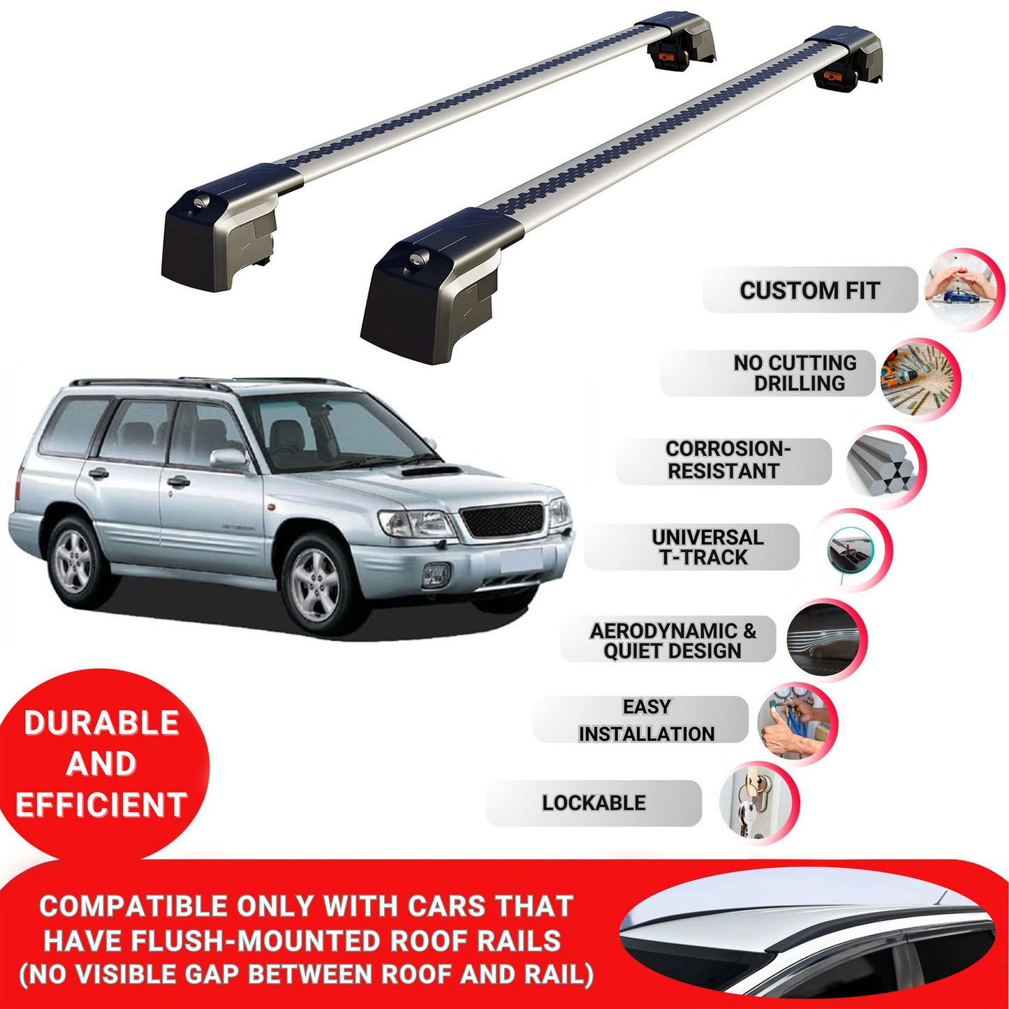 Roof Bars Rack for Subaru Forester (SF) 1997-2002 Lockable Rail Carrier 2 Pcs Grey