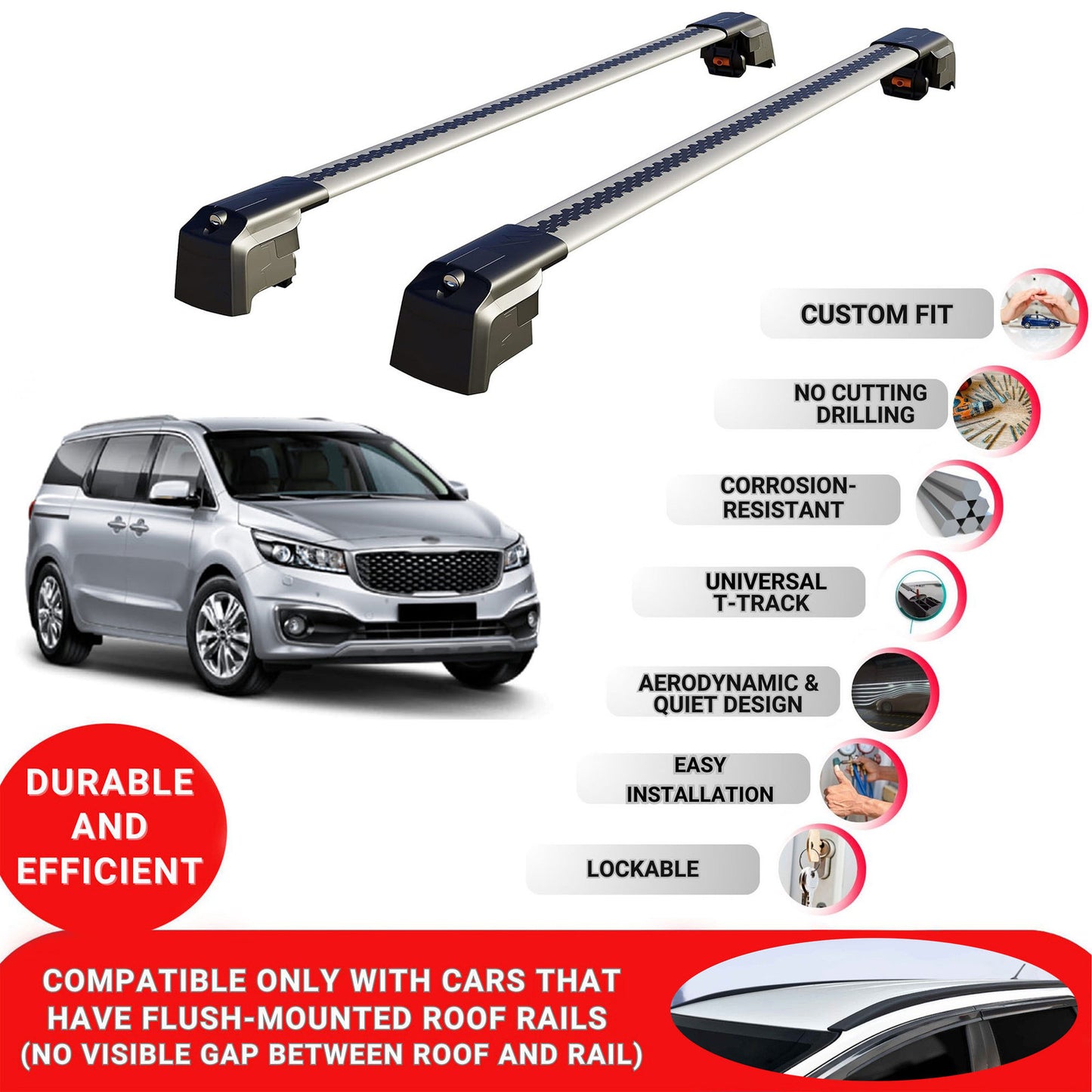 Roof Bars Rack for Kia Carnival (YP) 2015-2020 Lockable Rail Carrier 2 Pcs Grey