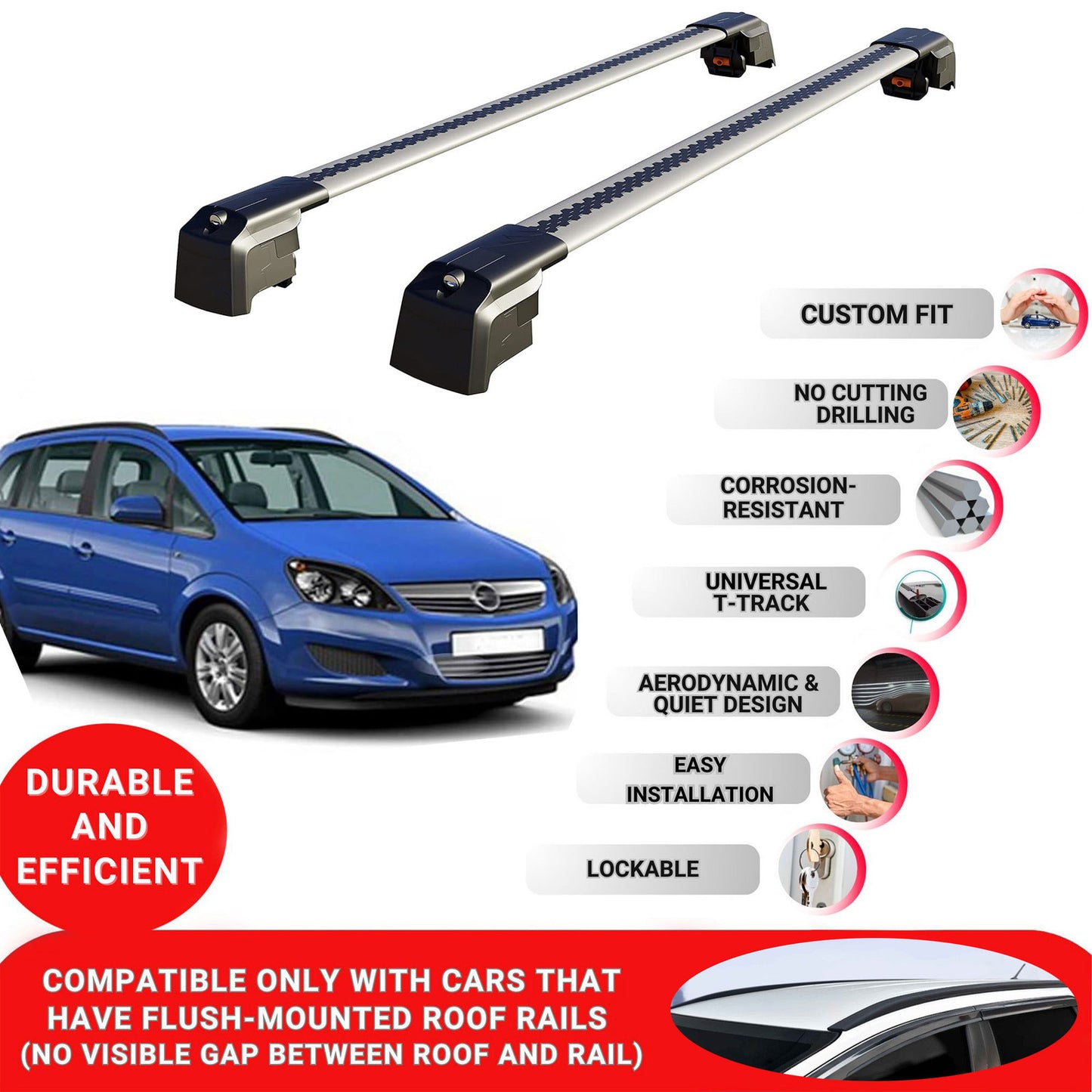 Roof Bars Rack for Opel Zafira B 2005-2011 Lockable Rail Carrier 2 Pcs Grey