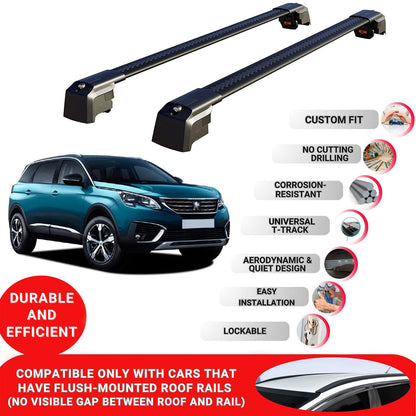 Roof Bars Rack for Peugeot 5008 (T87) 2017+ Lockable Rail Carrier 2 Pcs Black