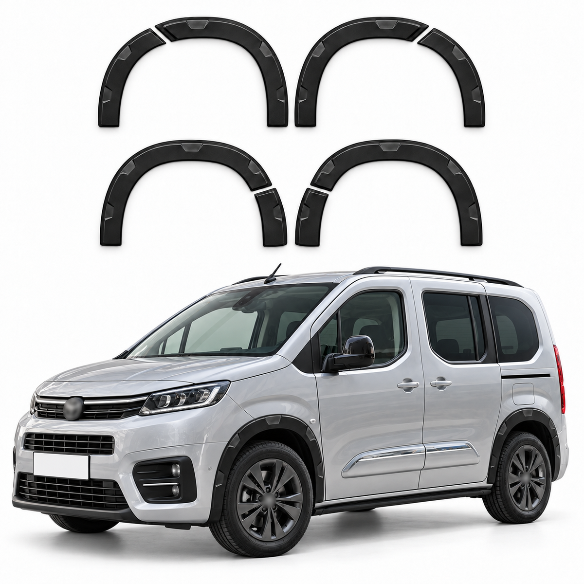 8-piece matte black wheel arch trim set with illustrative Toyota Proace City installation