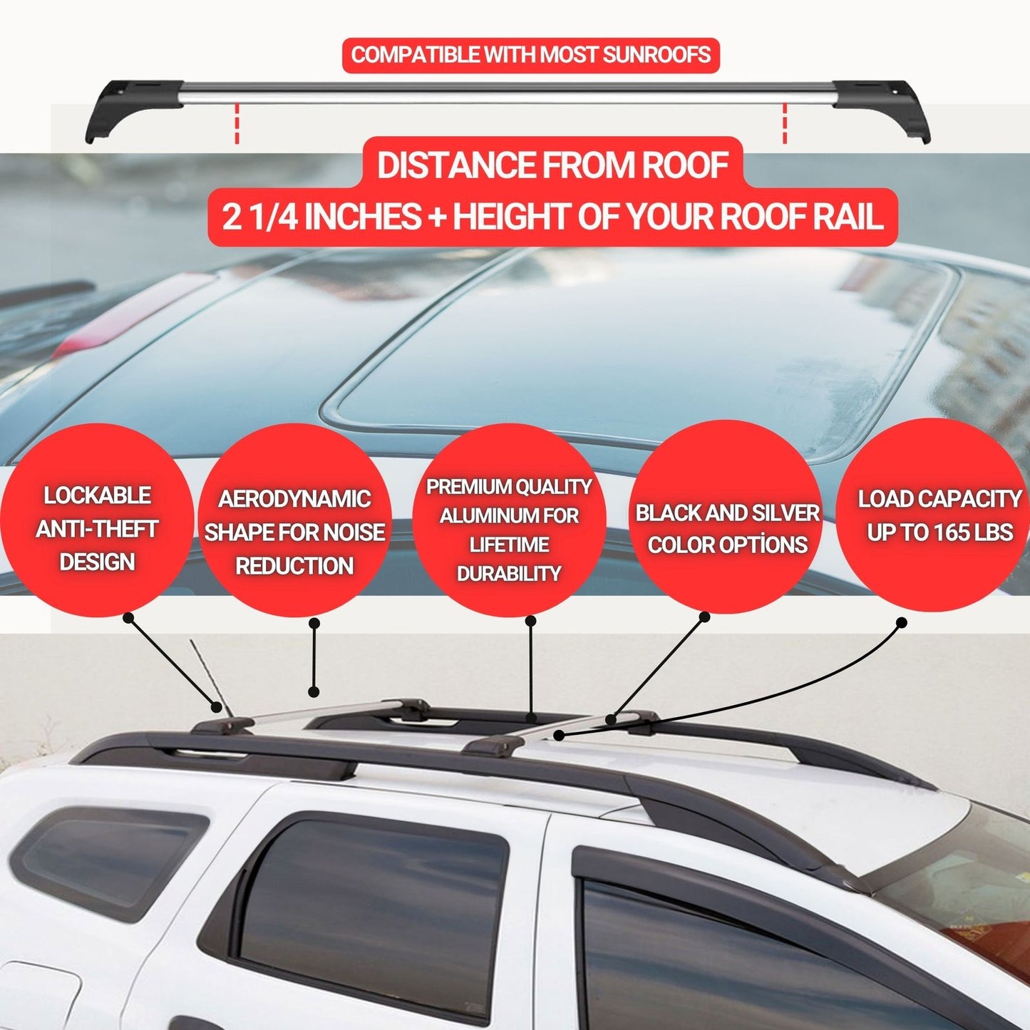 Roof Rack Cross Bars for Chevrolet Captiva 2006+ Lockable Roof Bars 2 Pcs Black