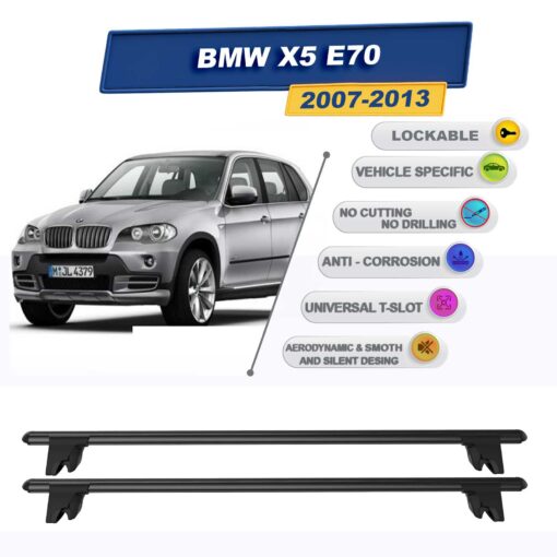 Roof Racks Cross Bars For Bmw X5 E70 2007-2013 Lockable Rail Carrier 2 Pcs Black - Image 2