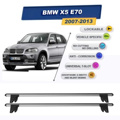 Roof Racks Cross Bars For Bmw X5 E70 2007-2013 Lockable Rail Carrier 2 Pcs Grey - Image 2