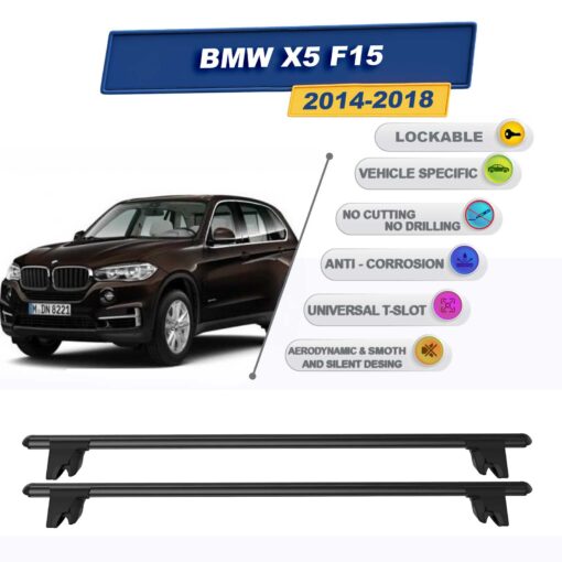 Roof Racks Cross Bars For Bmw X5 F15 2014-2018 Lockable Rail Carrier 2 Pcs Black - Image 2