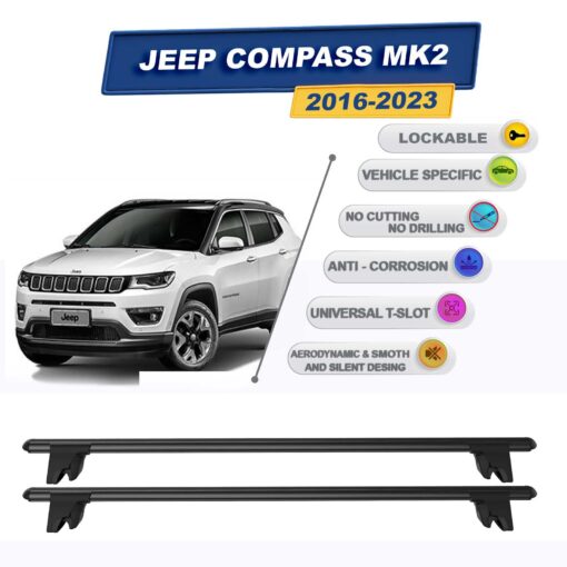 Roof Racks Cross Bars For Jeep Compass Mk2 2016-2023 Lockable 2 Pcs Black - Image 2