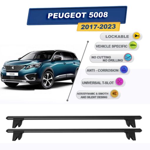 Roof Racks Cross Bars For Peugeot 5008 2017-2023 Lockable 2 Pcs Black - Image 2