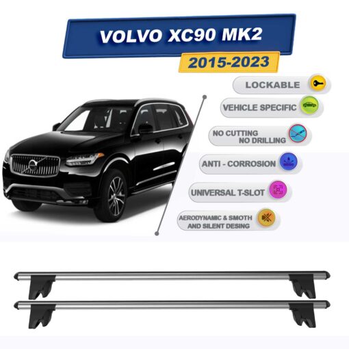 Roof Racks Cross Bars For Volvo Xc90 Mk2 2015-2023 Lockable 2 Pcs Grey - Image 2