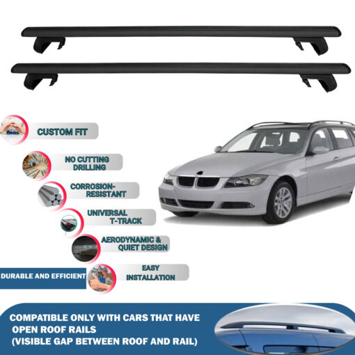 Roof Rack Cross Bars Compatible with BMW 3-Series Touring/Estate E46 2002-2005, Fits Raised Roof Rails with Gap to Car Roof, Ideal Rail Carrier for Roof Tents, 2-Piece Black