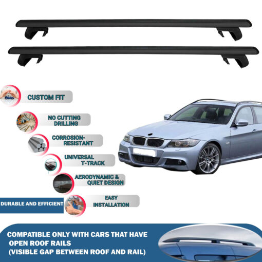 Roof Rack Cross Bars Compatible with BMW 3-Series Touring/Estate E91 2005-2011, Fits Raised Roof Rails with Gap to Car Roof, Ideal Rail Carrier for Roof Tents, 2-Piece Black