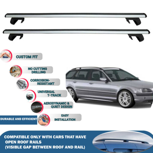 Roof Rack Cross Bars Compatible with BMW 3-Series Touring/Estate E36 1996-1999, Fits Raised Roof Rails with Gap to Car Roof, Ideal Rail Carrier for Roof Tents, 2-Piece Silver