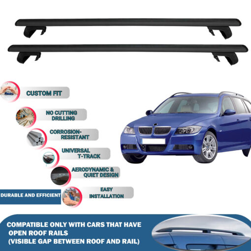 Roof Rack Cross Bars Compatible with BMW 3-Series Touring E91 2005-2008, Fits Raised Roof Rails with Gap to Car Roof, Ideal Rail Carrier for Roof Tents, 2-Piece Black