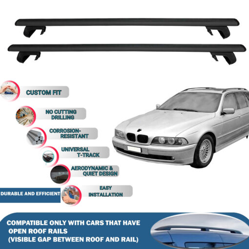 Roof Rack Cross Bars Compatible with BMW 5 Series E39 Touring 2000-2004, Fits Raised Roof Rails with Gap to Car Roof, Ideal Rail Carrier for Roof Tents, 2-Piece Black