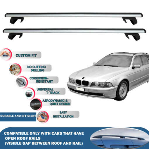 Roof Rack Cross Bars Compatible with BMW 5 Series E39 Touring 2000-2004, Fits Raised Roof Rails with Gap to Car Roof, Ideal Rail Carrier for Roof Tents, 2-Piece Silver