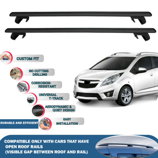 Roof Rack Cross Bars Compatible with Chevrolet Spark 2010-2015, Fits Raised Roof Rails with Gap to Car Roof, Ideal Rail Carrier for Roof Tents, 2-Piece Black