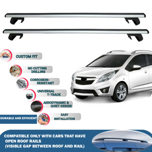 Roof Rack Cross Bars Compatible with Chevrolet Spark 2010-2015, Fits Raised Roof Rails with Gap to Car Roof, Ideal Rail Carrier for Roof Tents, 2-Piece Silver