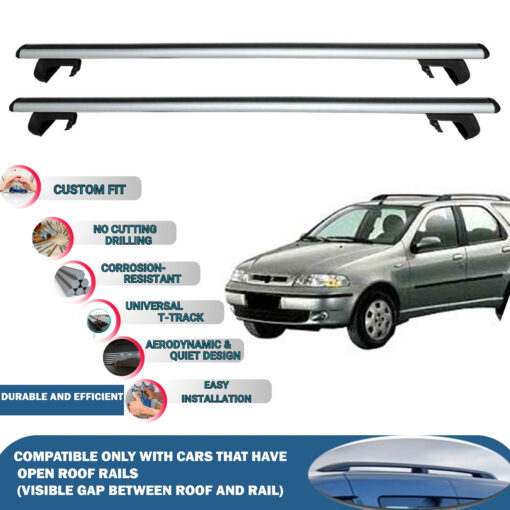 Roof Rack Cross Bars Compatible with Fiat Palio Weekend Sw 1996-2007, Fits Raised Roof Rails with Gap to Car Roof, Ideal Rail Carrier for Roof Tents, 2-Piece Silver