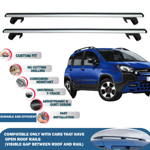 Roof Rack Cross Bars Compatible with Fiat Panda City Cross 2011-2023, Fits Raised Roof Rails with Gap to Car Roof, Ideal Rail Carrier for Roof Tents, 2-Piece Silver