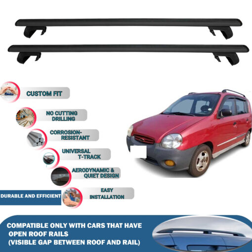 Roof Rack Cross Bars Compatible with Hyundai Atos 1997-2008, Fits Raised Roof Rails with Gap to Car Roof, Ideal Rail Carrier for Roof Tents, 2-Piece Black