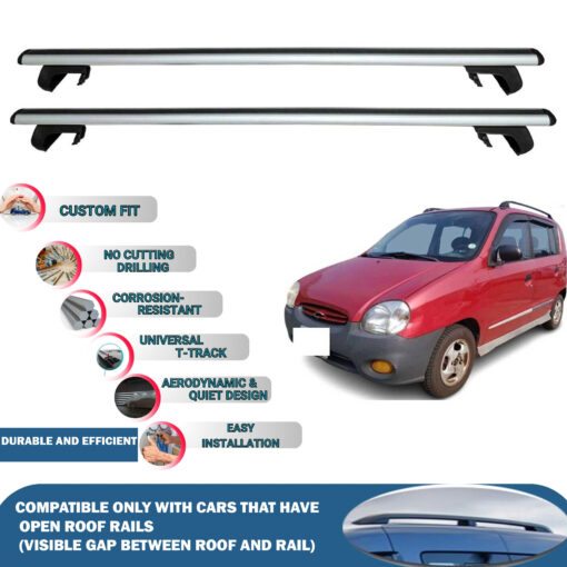 Roof Rack Cross Bars Compatible with Hyundai Atos 1997-2008, Fits Raised Roof Rails with Gap to Car Roof, Ideal Rail Carrier for Roof Tents, 2-Piece Silver