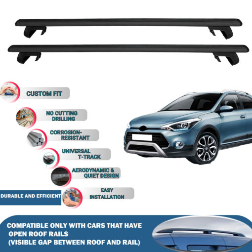 Roof Rack Cross Bars Compatible with Hyundai I20 Active 2014-2020, Fits Raised Roof Rails with Gap to Car Roof, Ideal Rail Carrier for Roof Tents, 2-Piece Black