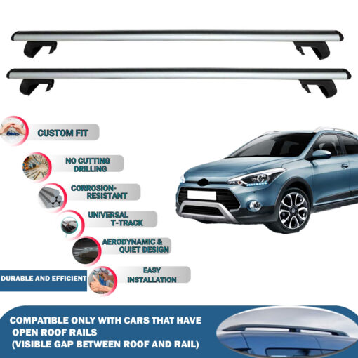 Roof Rack Cross Bars Compatible with Hyundai I20 Active 2014-2020, Fits Raised Roof Rails with Gap to Car Roof, Ideal Rail Carrier for Roof Tents, 2-Piece Silver