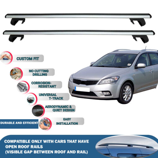 Roof Rack Cross Bars Compatible with Kia Cee'D/Ceed Estate Sw 5D 2006-2012, Fits Raised Roof Rails with Gap to Car Roof, Ideal Rail Carrier for Roof Tents, 2-Piece Silver