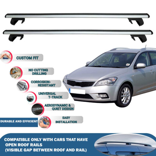 Roof Rack Cross Bars Compatible with Kia Cee'D Sporty Wagon 2007-2012, Fits Raised Roof Rails with Gap to Car Roof, Ideal Rail Carrier for Roof Tents, 2-Piece Silver