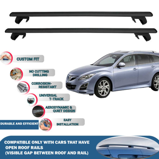 Roof Rack Cross Bars Compatible with Mazda 6 Gh1/Gh2 Estate 2008-2012, Fits Raised Roof Rails with Gap to Car Roof, Ideal Rail Carrier for Roof Tents, 2-Piece Black